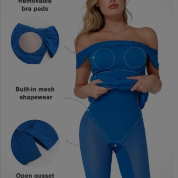 Popilush Royal Blue Off The Shoulder‎ Bodycon Midi Dress Built In Shapewear - Picture 2 of 6